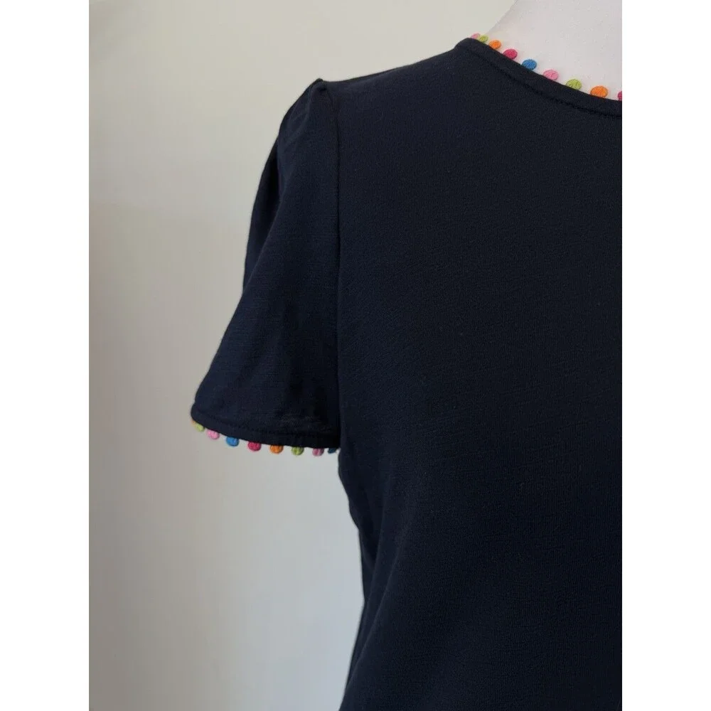 Boden Womens Size 2 Navy Pom Pom Trim Puff Sleeve T Shirt Top Colorful Casual